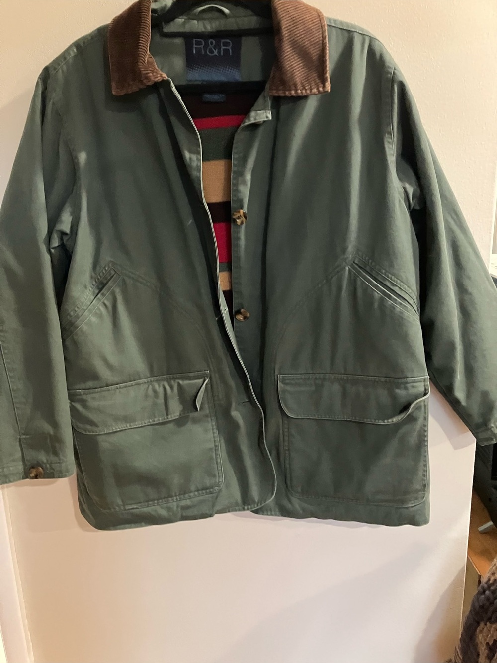 Men's Olive Green Chore/Barn Jacket with BrownCorduroy Collar Blikecorp